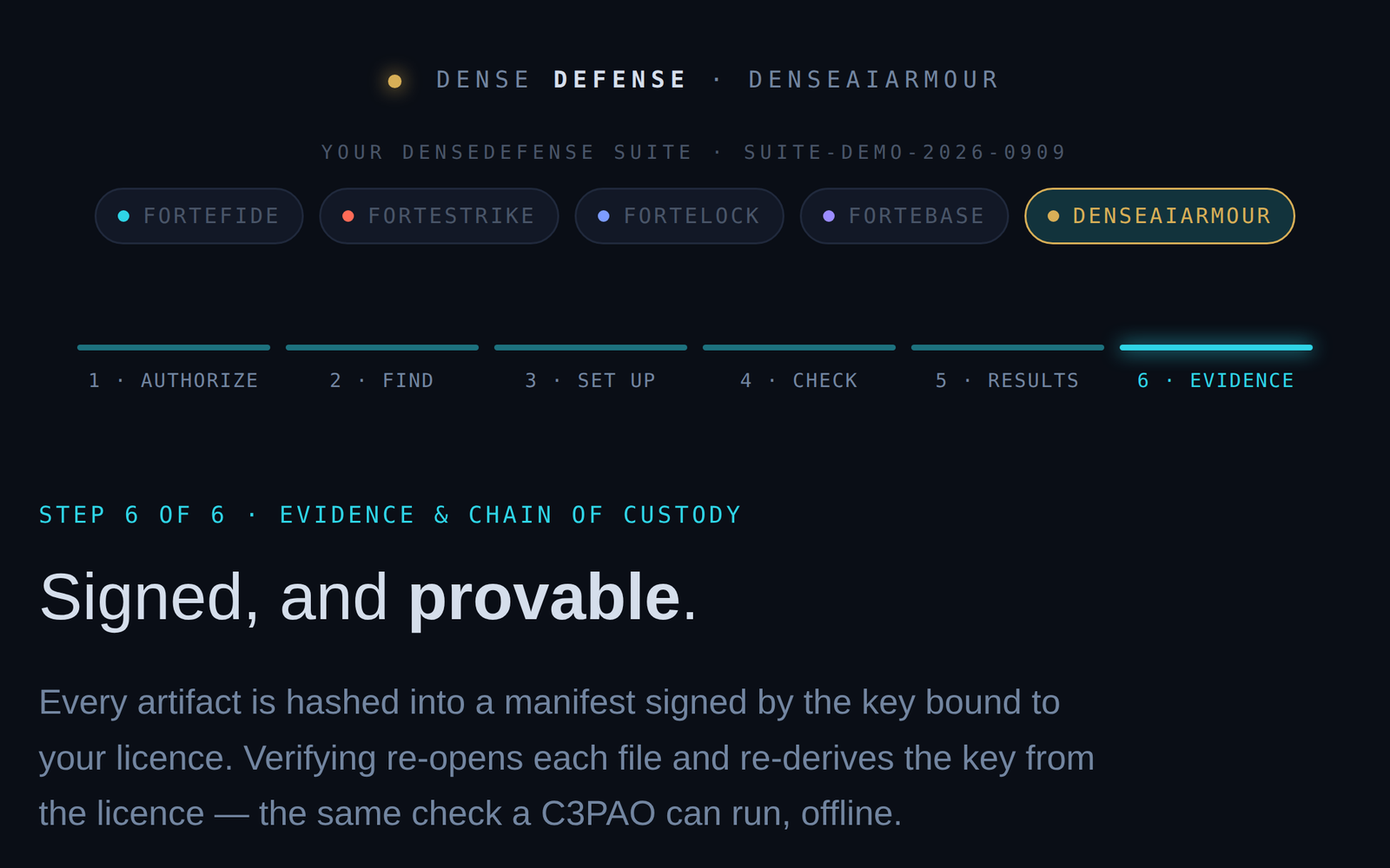 DenseAIArmour evidence: a finding with its control id, framework mapping, and the read that produced it